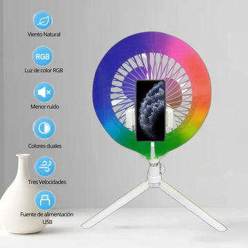 Aro Luz LED RGB con Ventilador FS-260 con Trípode de Mesa