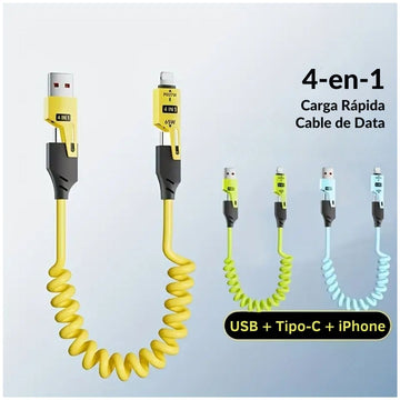 Cable Carga Rápida y Datos Retráctil de 65W 4 en 1 USB + Tipo C +Lightning