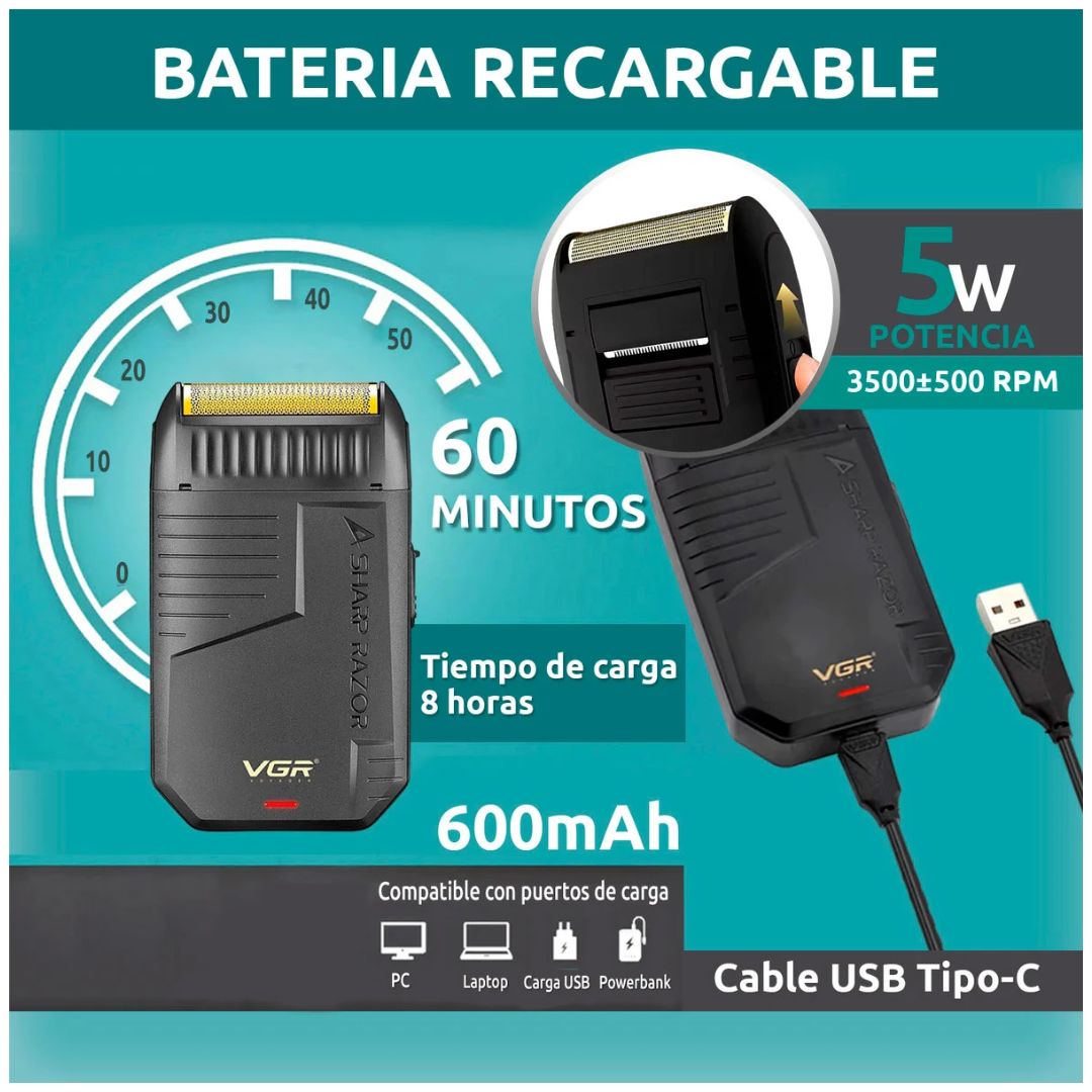 Máquina Afeitadora Eléctrica Recargable Shaver VGR V-375 2 en 1 Rasuradora Patillera