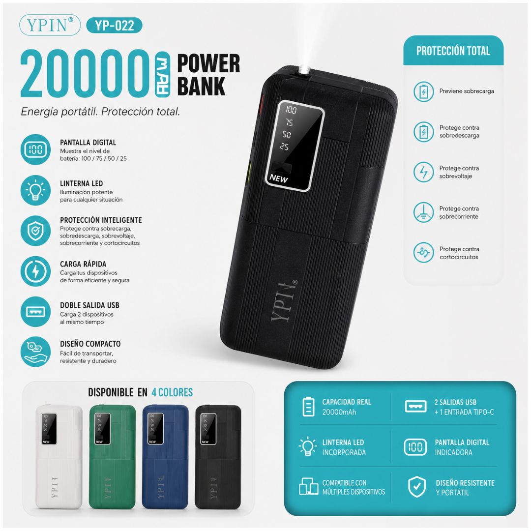 Cargador Power bank YP-022 Carga Rápida 20000mAh 3 Salidas USB y C Linterna Led