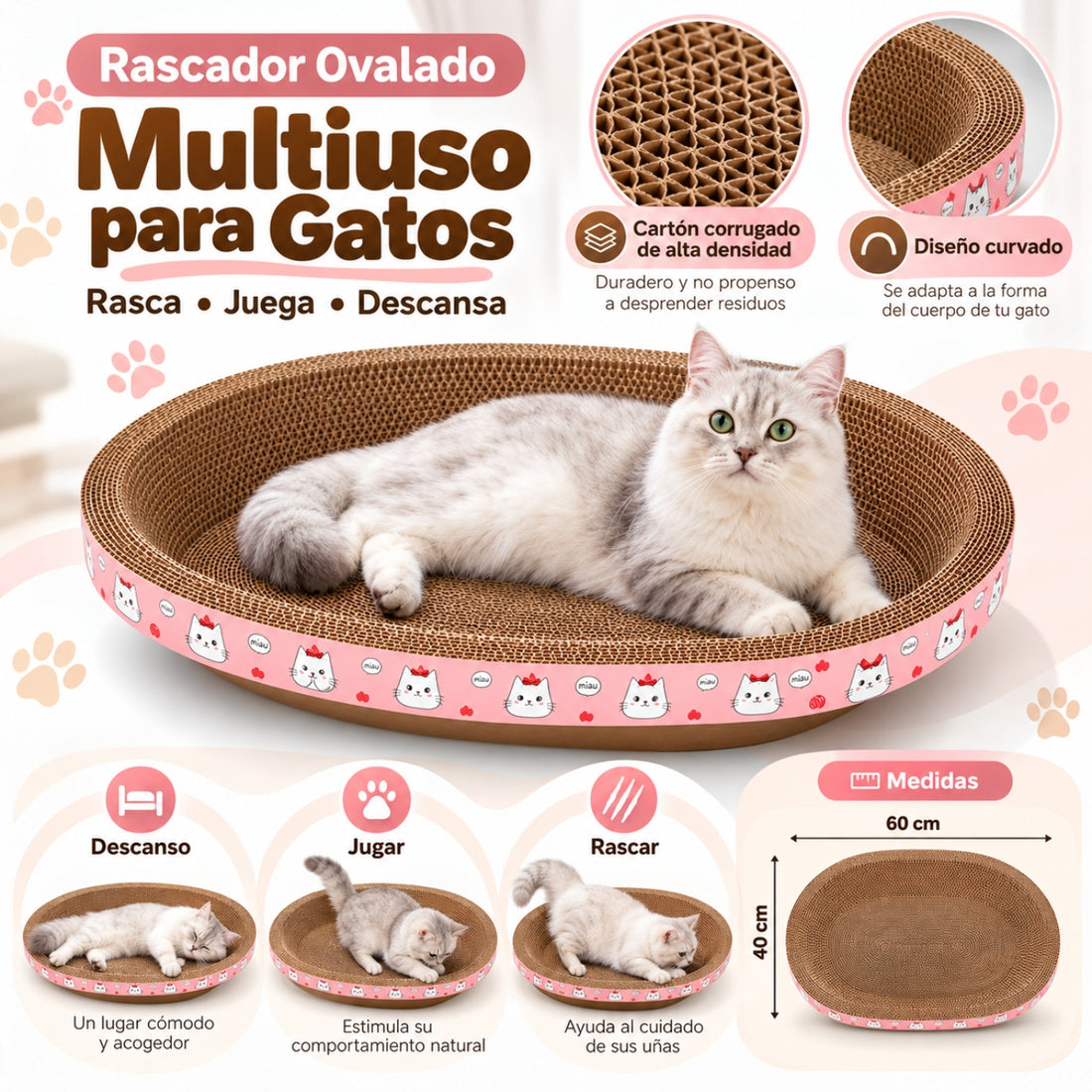 Cama Rascador Ovalado para Gato Corrugado de Alta Densidad 40x60cm