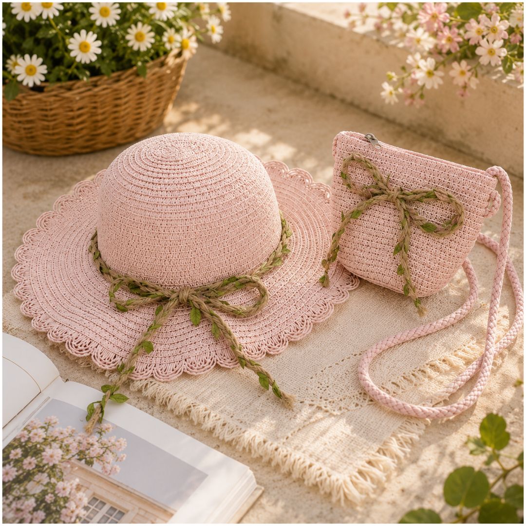 Set Infantil Cartera y Sombrero de Paja Para Niña Diseño Hojas