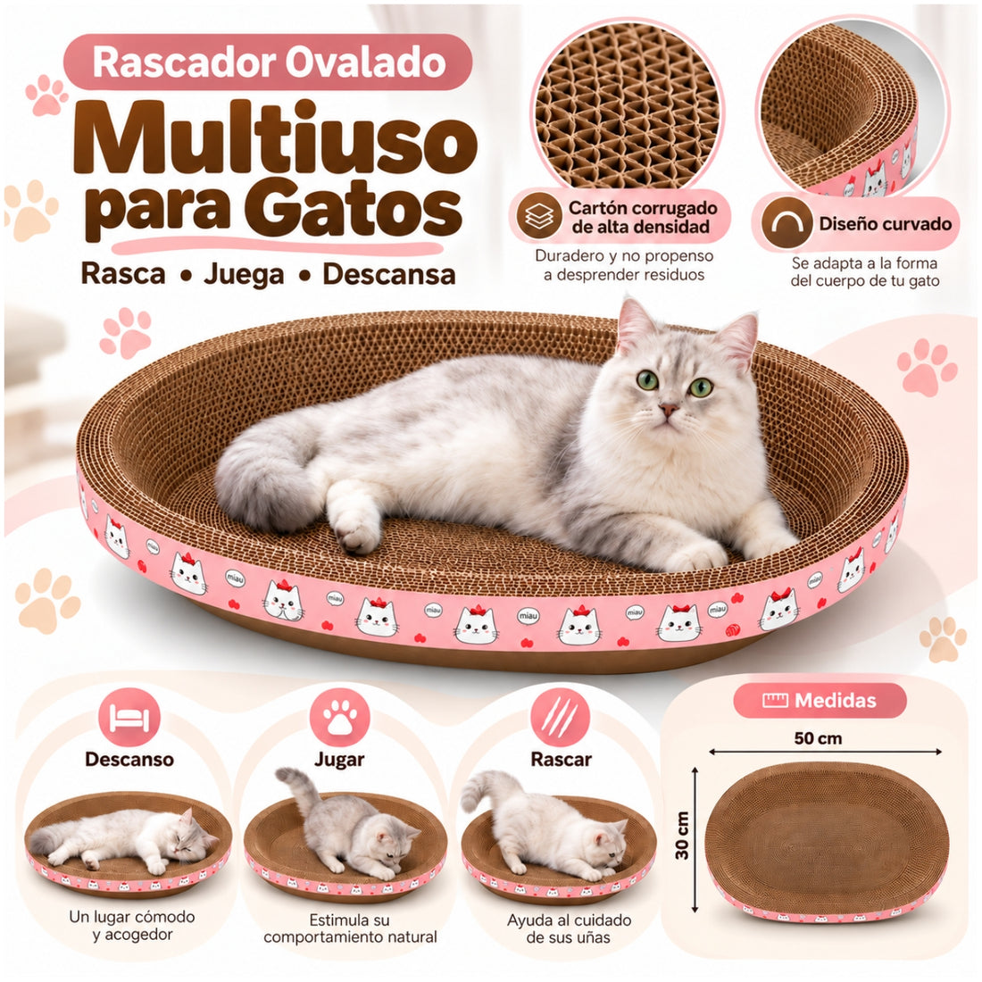 Cama Rascador Ovalado para Gato Corrugado de Alta Densidad 30x50cm