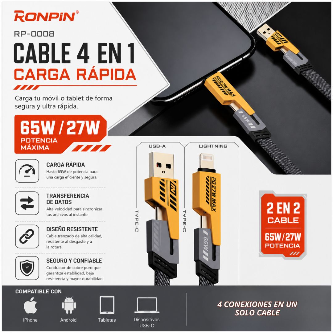 Cable Carga Rápida y Datos RONPIN 65W 4 en 1 USB Tipo C Lightning