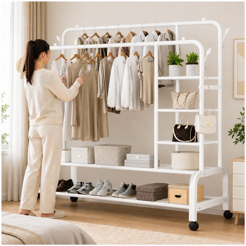 Organizador de Ropa Blanco Doble Barra Metal Soporta 68kg 160x110x55cm con Ruedas