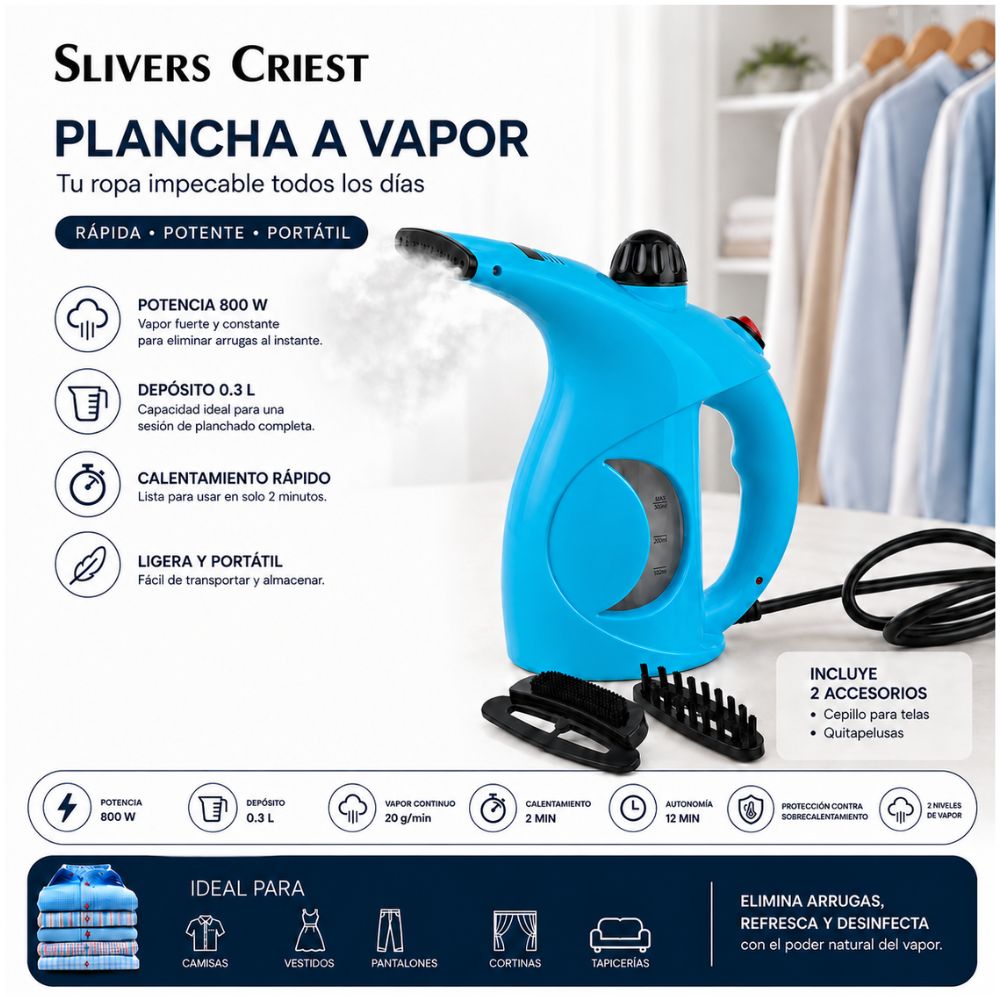 Plancha a Vapor Portátil Turquesa SC-9741 para Ropa 800W Planchado Vertical