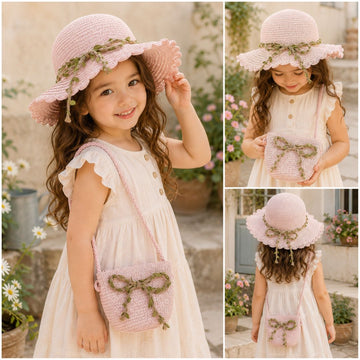 Set Infantil Cartera y Sombrero de Paja Para Niña Diseño Hojas