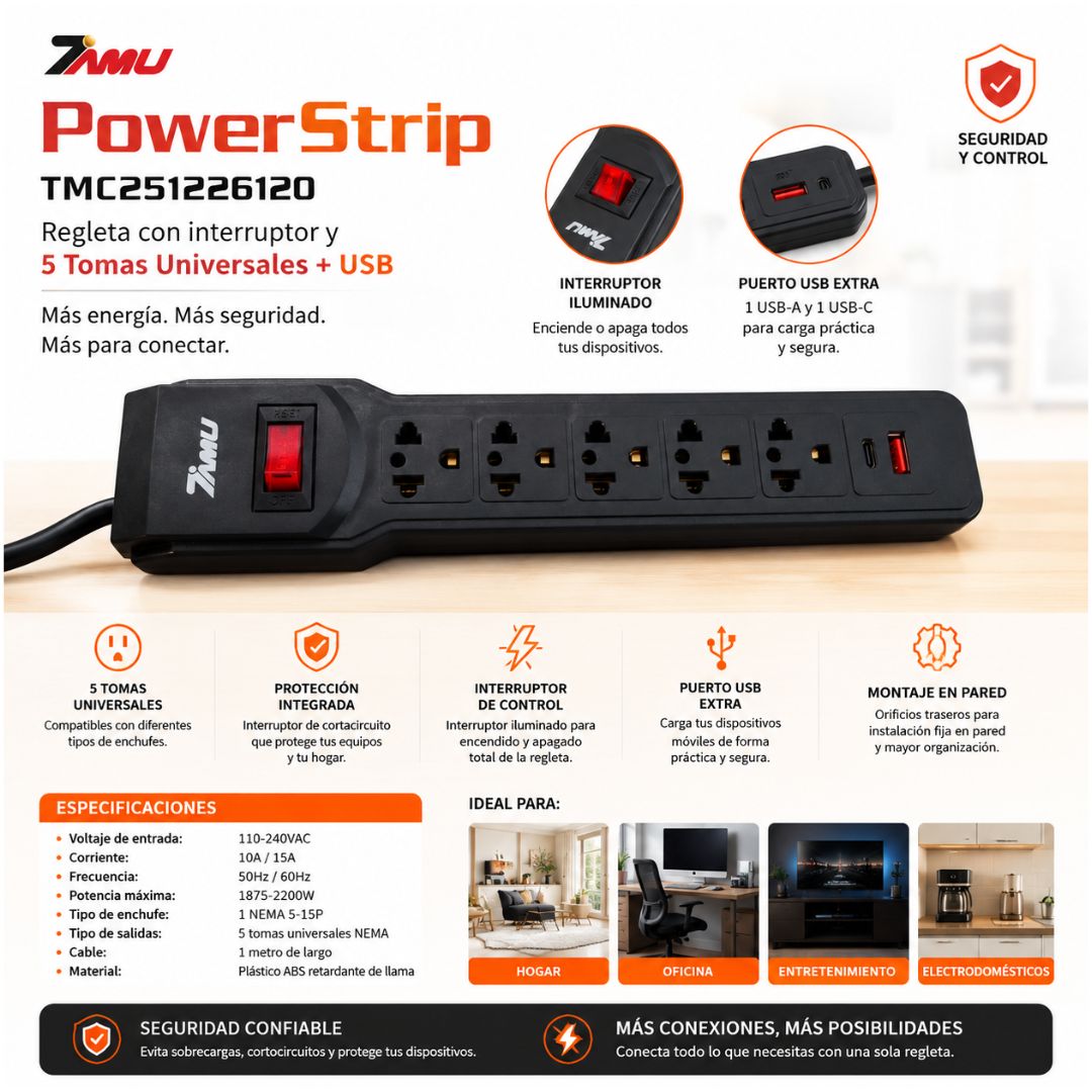 Supresor de Picos Extensión Eléctrica de 1 Metro 7 en 1 Tomacorrientes USB Tipo C