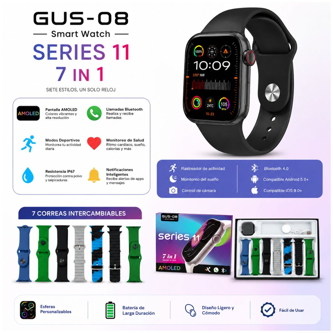 Smartwatch GUS-08 Series 11 AMOLED 7 en 1 con 7 Correas y Modos Deportivos