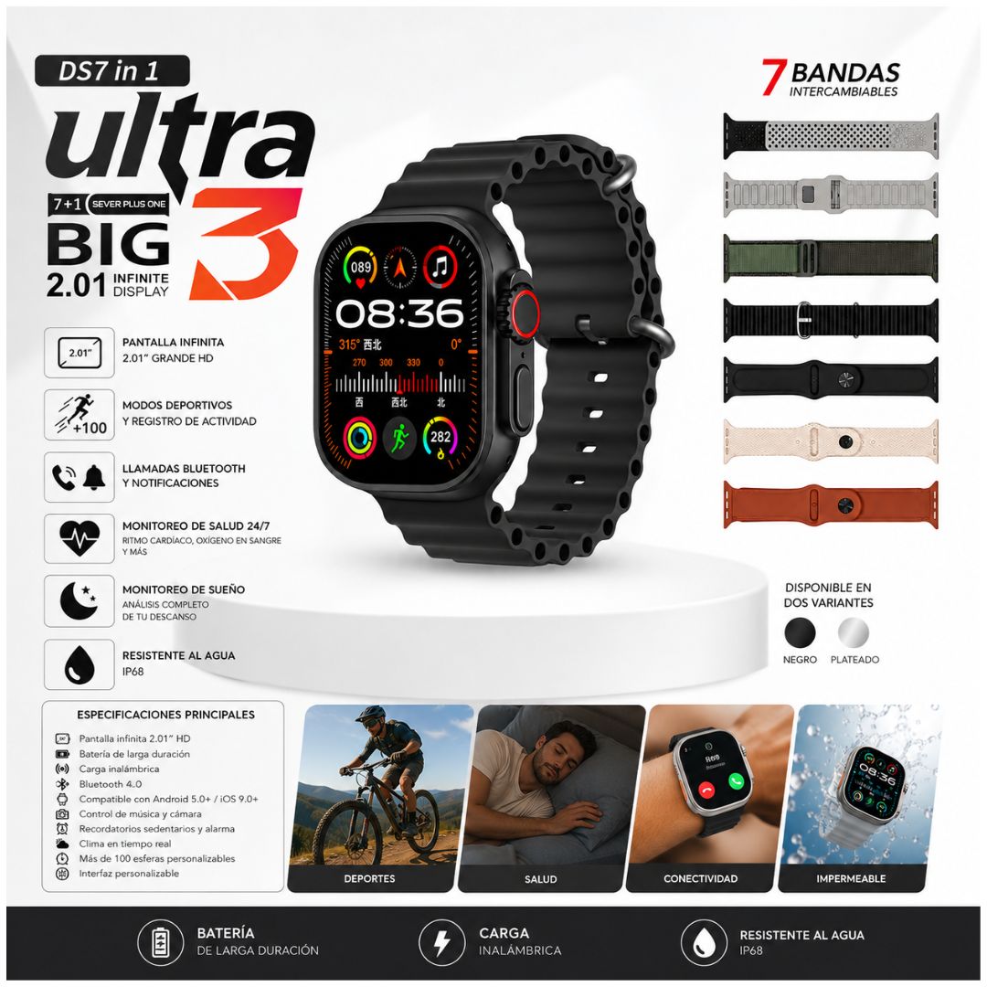Smartwatch DS7 en 1 Ultra Big 3 con 7 Correas Monitoreo Salud y Modos Deportivos