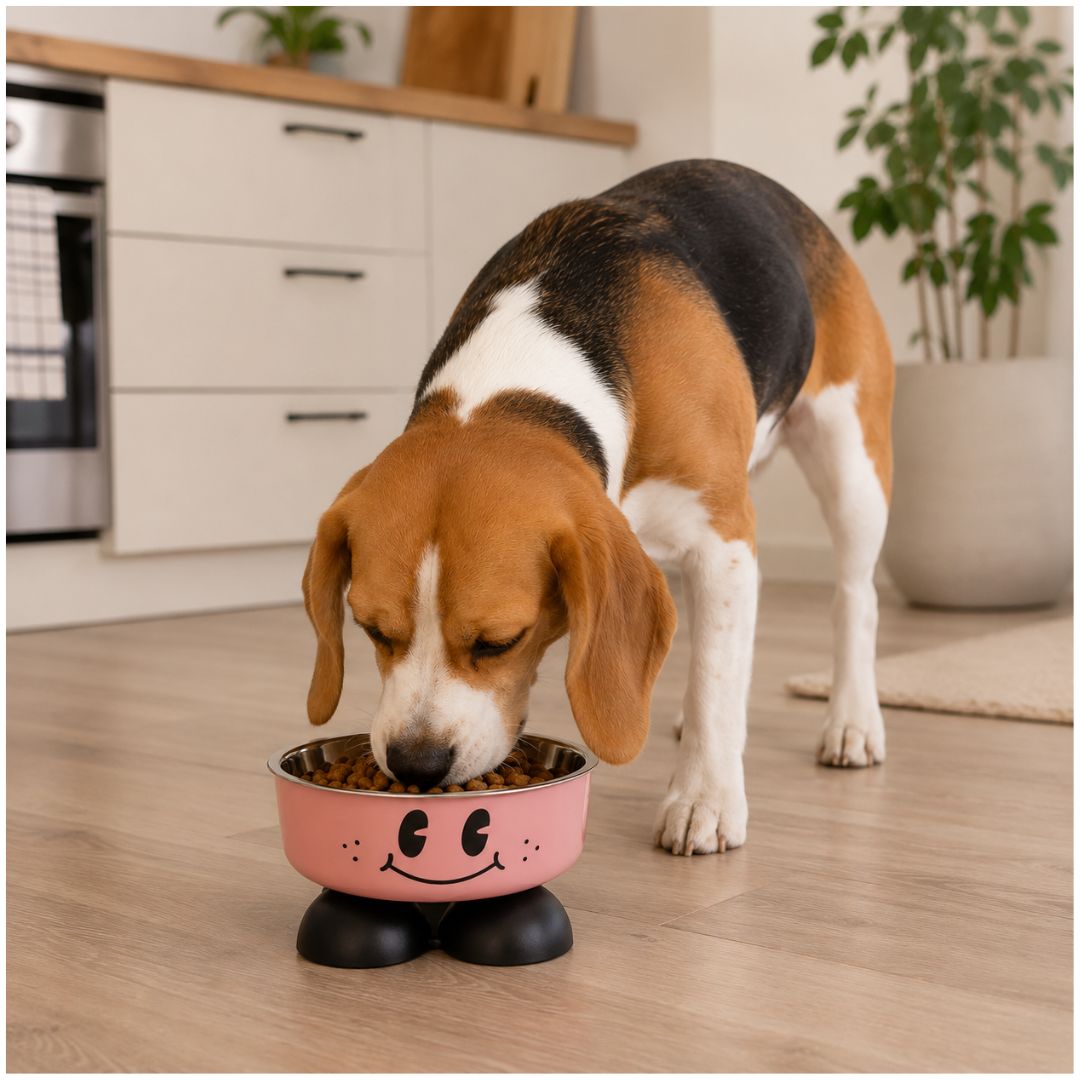 Plato Comedero Elevado para Mascotas Antideslizante Carita Feliz Perros y Gatos