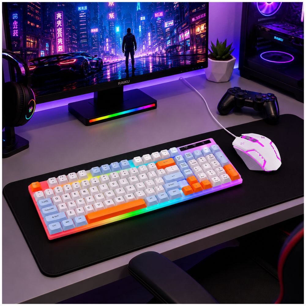 Kit Teclado y Mouse RGB Combo Gamer Blanco RAIKU T28 2 en 1 Para PC Laptop