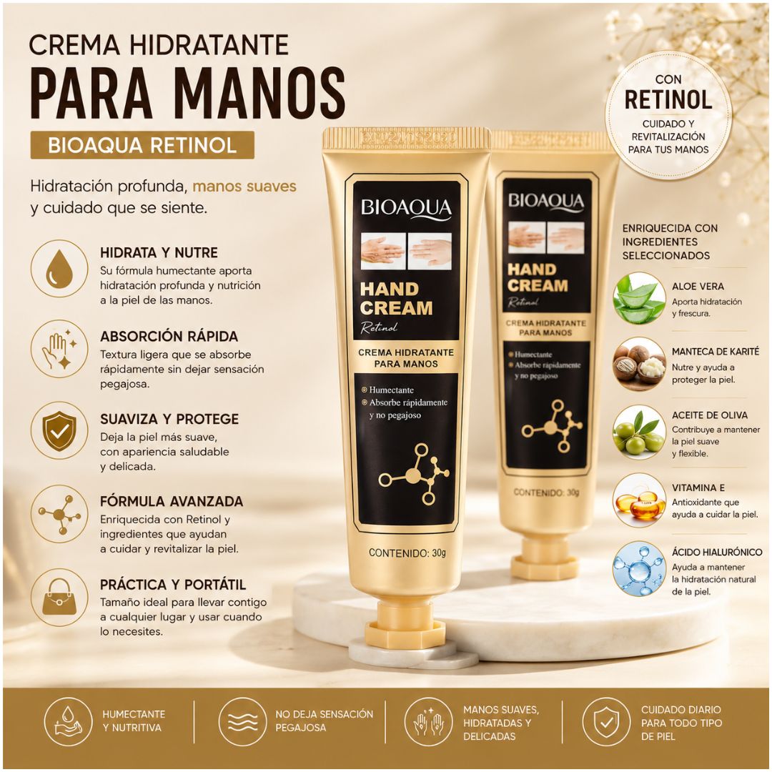 Pack x2 Crema Hidratante para Manos BIOAQUA 60g Humectante con Retinol