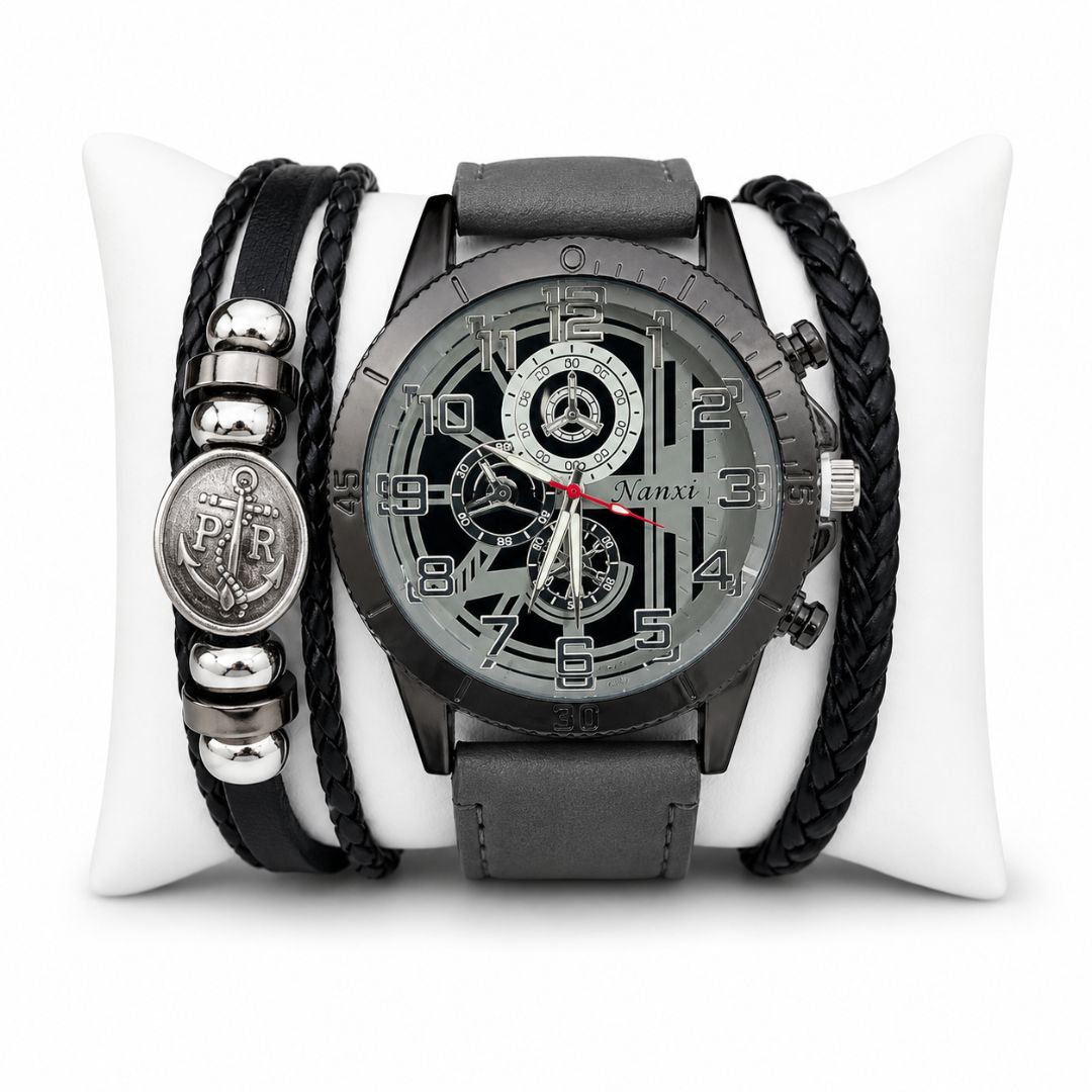 Set Reloj Analógico Cuarzo para Hombre con Pulseras Dije Ancla para Regalo
