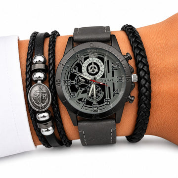Set Reloj Analógico Cuarzo para Hombre con Pulseras Dije Ancla para Regalo