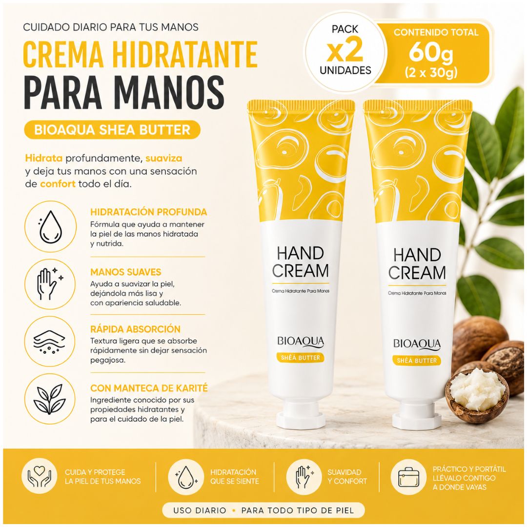 Pack x2 Crema Hidratante Suavizante para Manos BIOAQUA Manteca de Karité 60g
