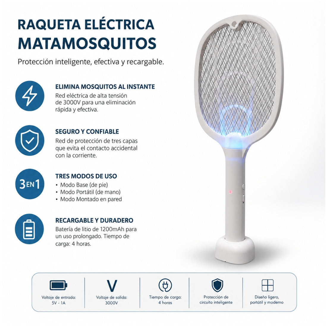 Raqueta Eléctrica Matamosquitos 3 en 1 Recargable 3000V con Base y Luz Atrapa Insectos