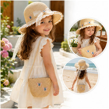 Set Infantil Cartera y Sombrero de Paja Para Niña Diseño Mariposas