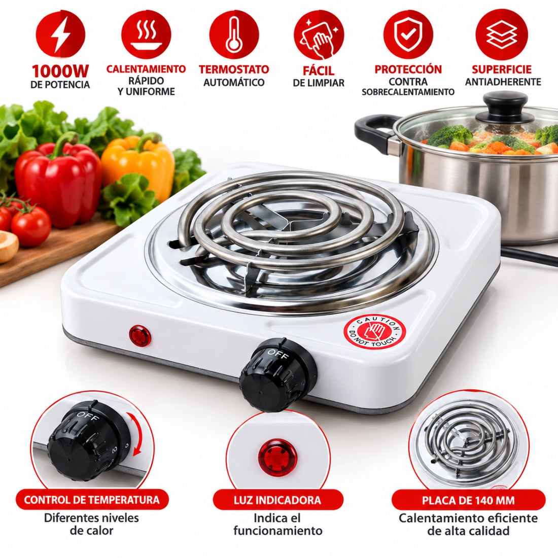 Cocina Eléctrica 1 Hornillas 1000W GFT-1010B con Control de Temperatura