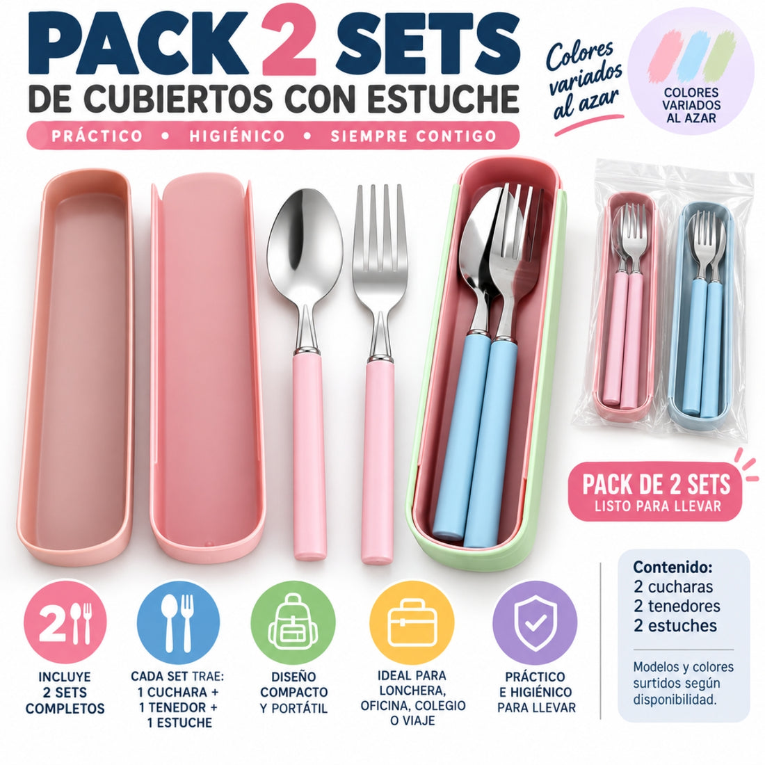 Pack x2 Set de Cubiertos Infantiles con Estuche Colores Surtidos