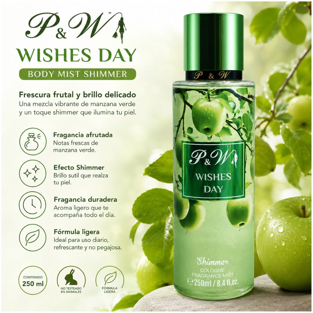 Perfume Mujer 250ml Colonia Corporal P&W Fragancia Manzana Verde con Brillo