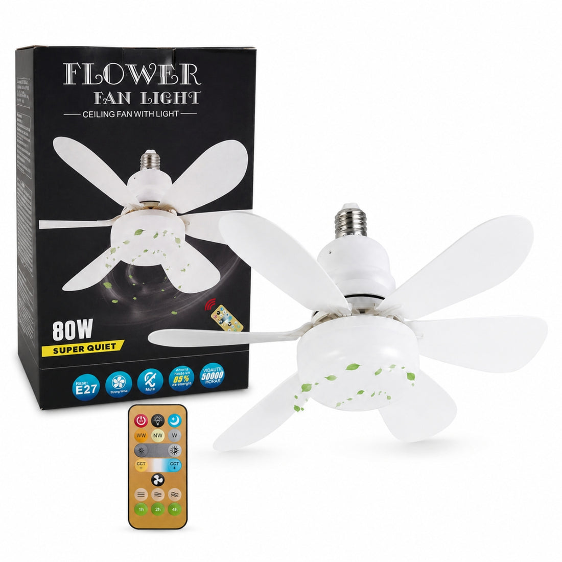 Foco Ventilador de Techo YH-22 con Luz LED 80W Fría y Cálida 6 Aspas Control Remoto
