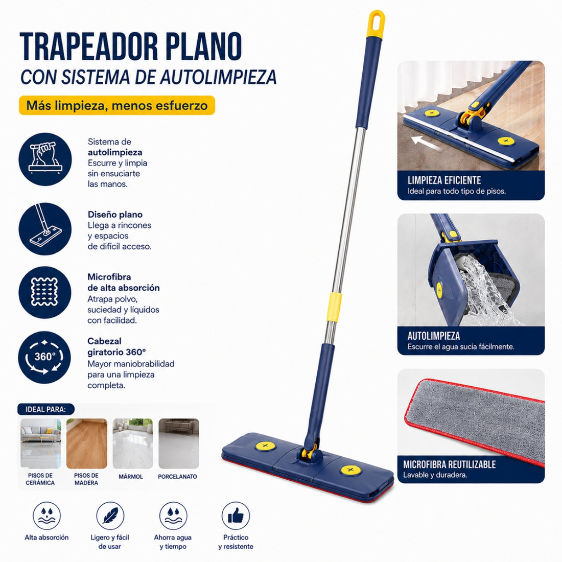Trapeador Plano Autolimpiante con Microfibra Exprime sin Contacto Mopa 360°