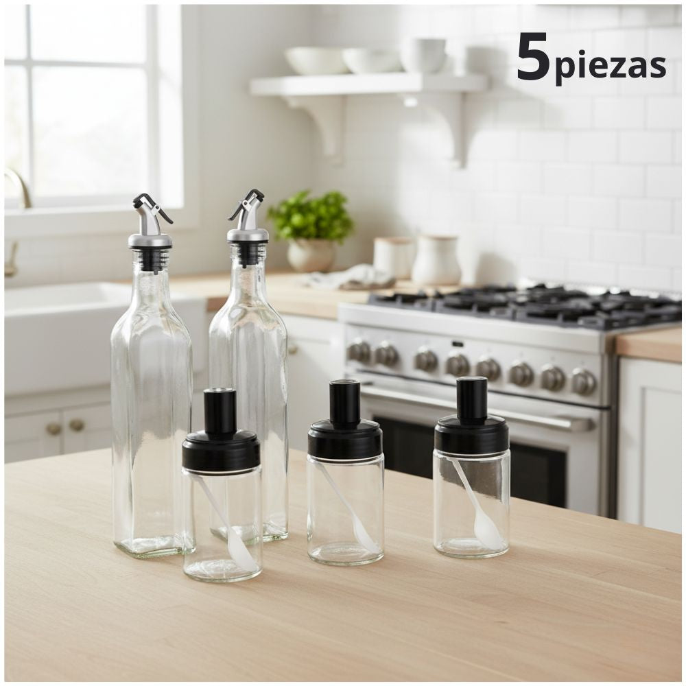 Set 5 Piezas Condimenteros Especieros y Dispensador de Aceite Organizador Condimentos