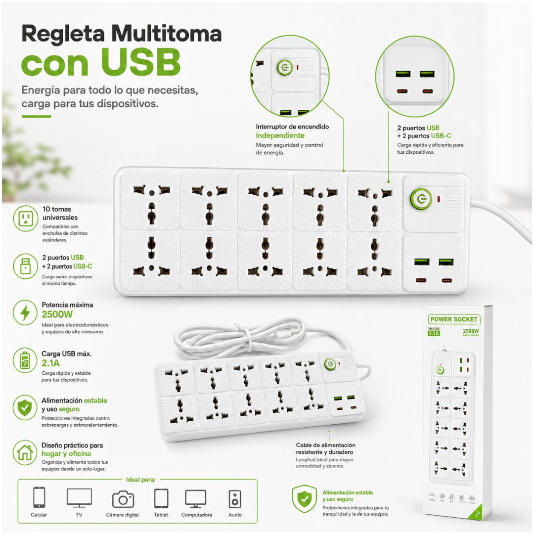 Cargador Multipuerto 14 en 1 Extensión Regleta 2500W Puertos USB Tipo C Tomacorrientes
