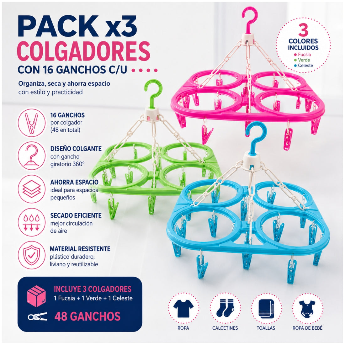 Pack x3 Colgador Perchero Plegable para Medias y Ropa Interior con 48 Ganchos
