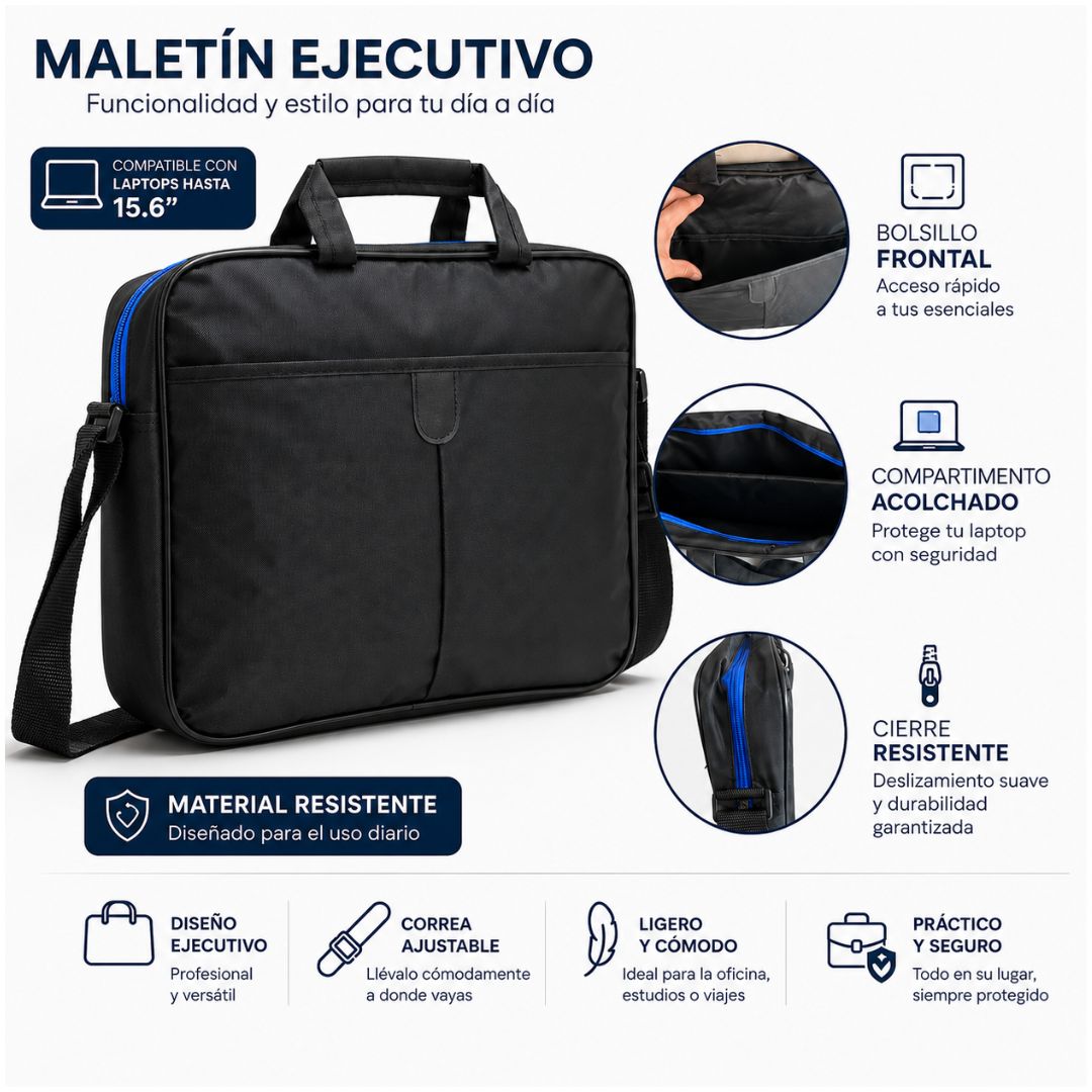 Maletín Porta Laptop 15.6" con Correa Ajustable y Bolsillo Frontal Multifuncional