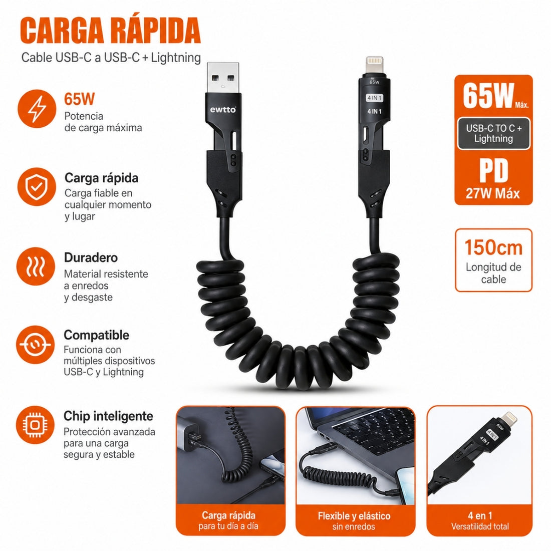 Cable Espiral de Carga Rápida 65W Ewtto 4 en 1 USB-A USB-C Lightning 1.5 m