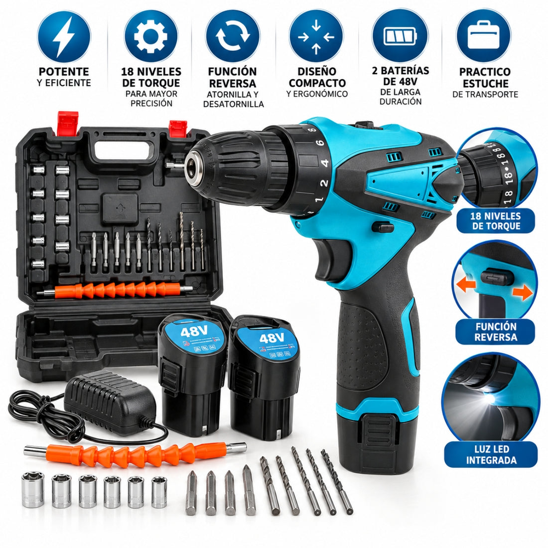 Kit Taladro Atornillador Ergonómico Azul Inalámbrico 48V con 2 Baterías con Maletín y Accesorios