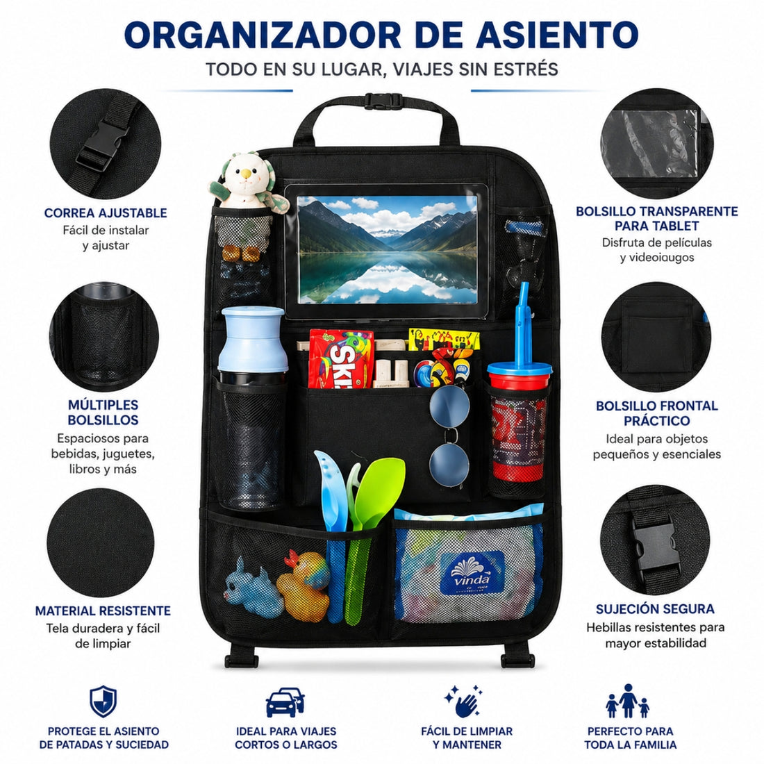 Organizador Multifuncional para Asiento de Auto con Porta Tablet y Múltiples Bolsillos