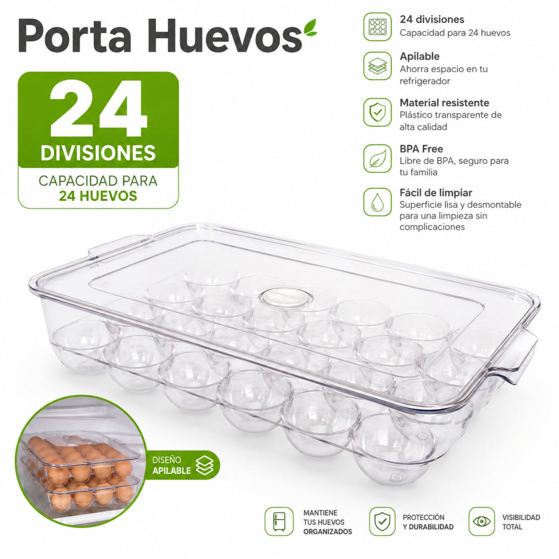 Organizador Porta Huevos x24 Acrílico con Tapa Apilable para Refrigerador