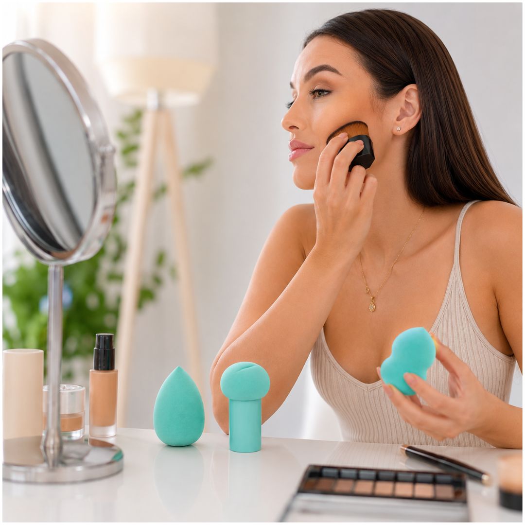 Set x4 Esponjas de Maquillaje con Brocha con Estuche Organizador Portátil