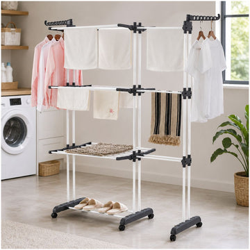 Tendedero de Ropa Multifuncional 2 Cuerpos 4 Niveles Plegable con Ruedas