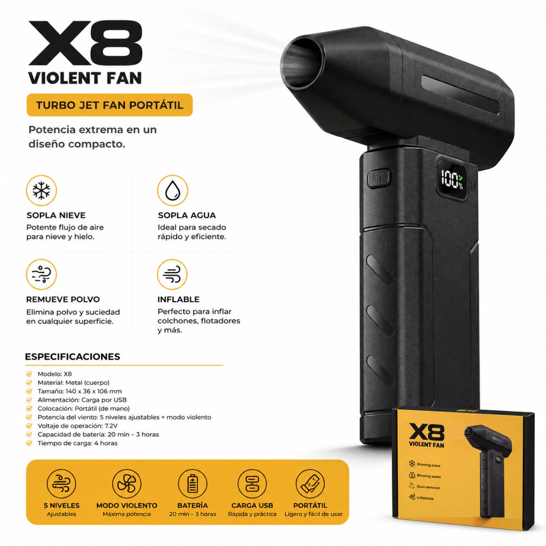 Soplador Turbo Portátil X8 Recargable USB 5 Niveles de Potencia Pantalla Digital