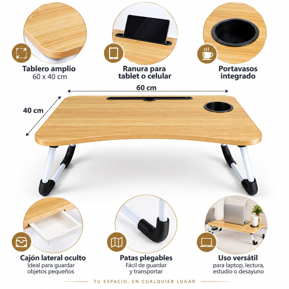 Mesa Plegable para Laptop con Portavasos Soporte Tablet y Cajón Lateral 60x40cm