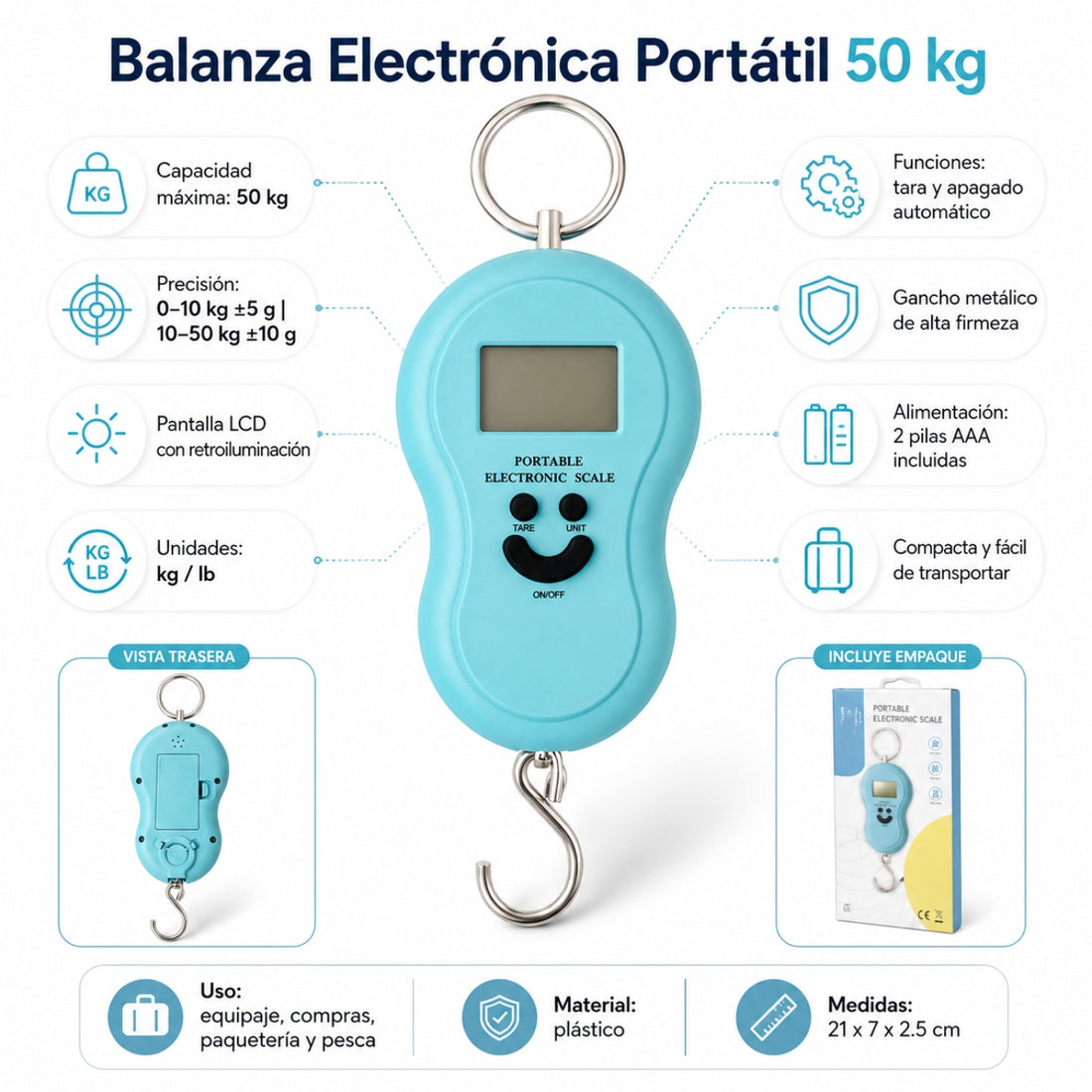 Balanza Electrónica Digital de Mano Hasta 50kg Multiusos Báscula Maleta de Viaje