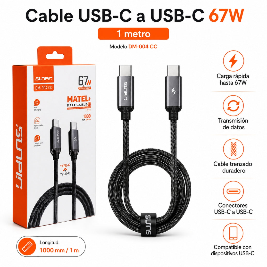 Cable Trenzado 1 metro USB-C a USB-C SUNPIN Carga Rápida 67W