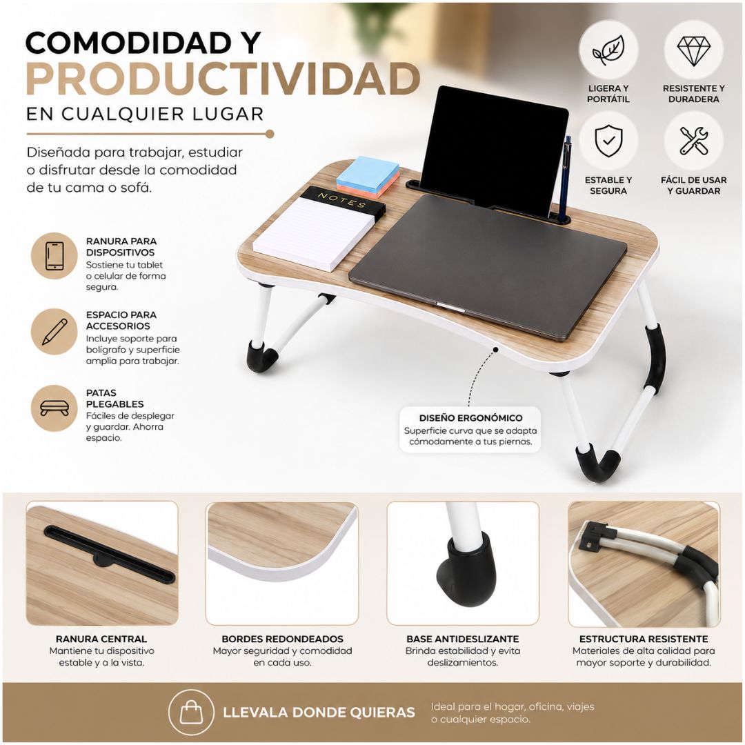Mesa Plegable Para Laptop Sofá Cama Multiusos Con Porta Tablet Celular y Lapicero