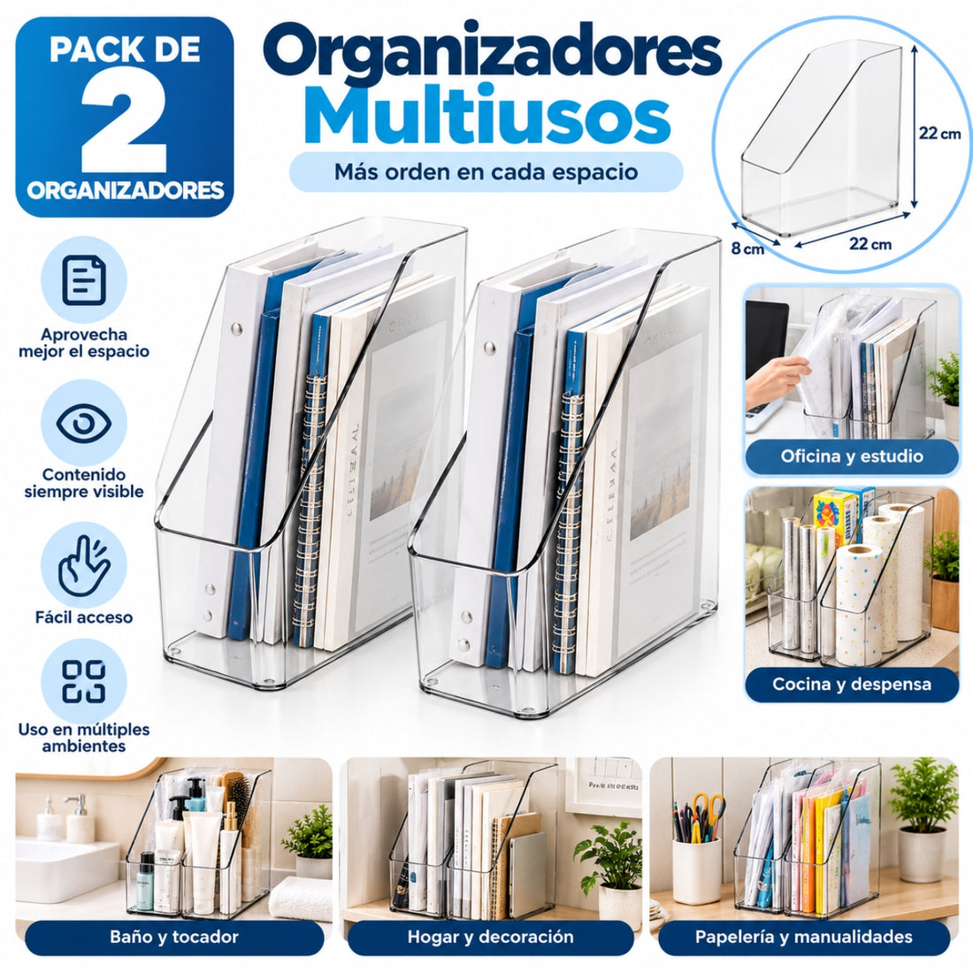 Pack x2 Organizador Transparente Multiusos para Documentos Libros Cocina
