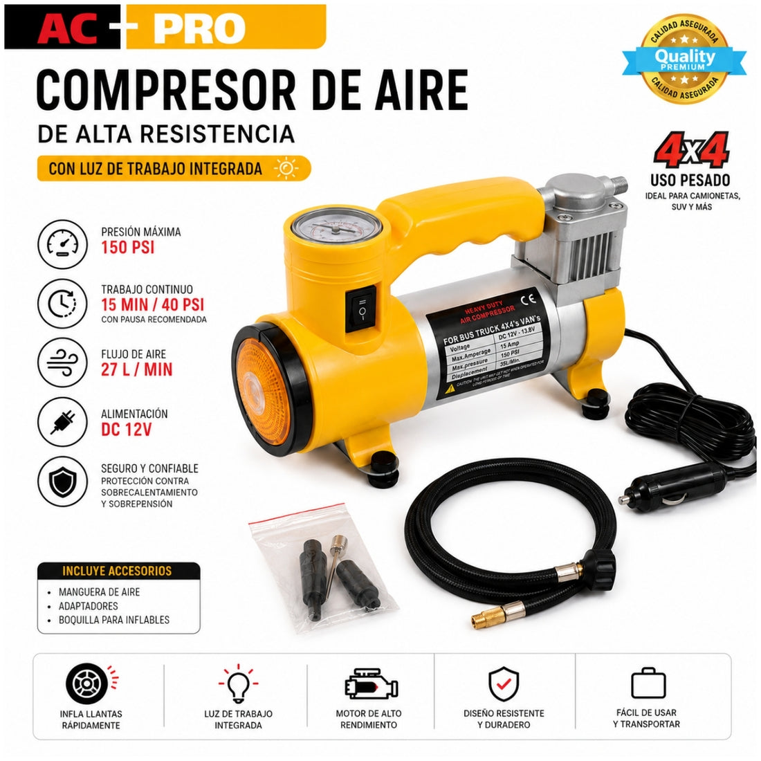 Compresor de Aire Portátil Automotriz AC+ PRO 12V 150 PSI con Manómetro Luz de Trabajo