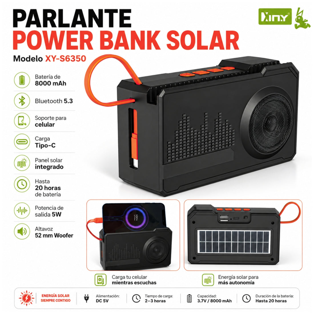 Parlante Bluetooth Solar XY-S6350 con Power Bank 8000mAh y Soporte para Celular