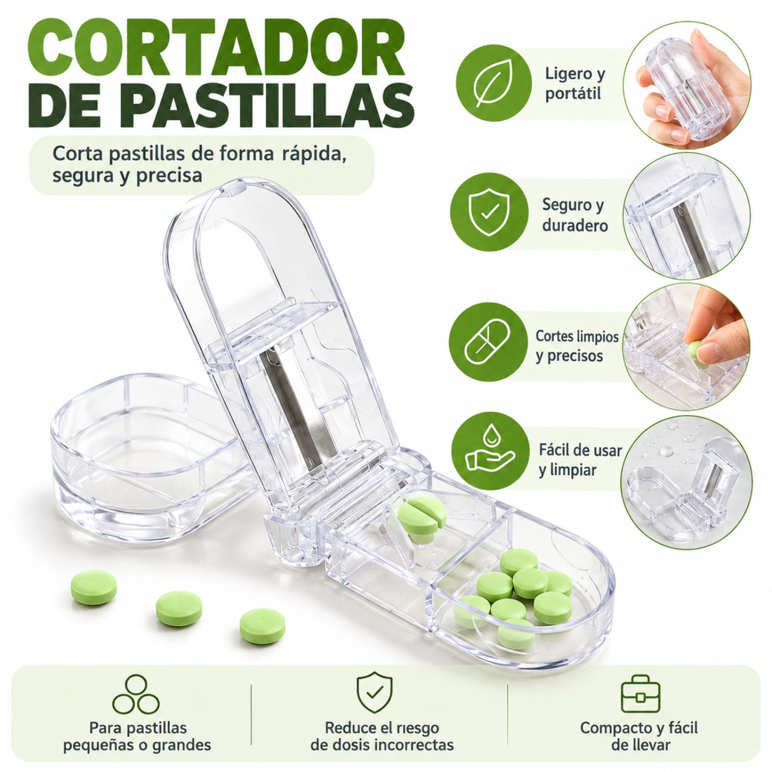 Cortador de Pastillas Portátil con Compartimentos y Cuchilla de Precisión
