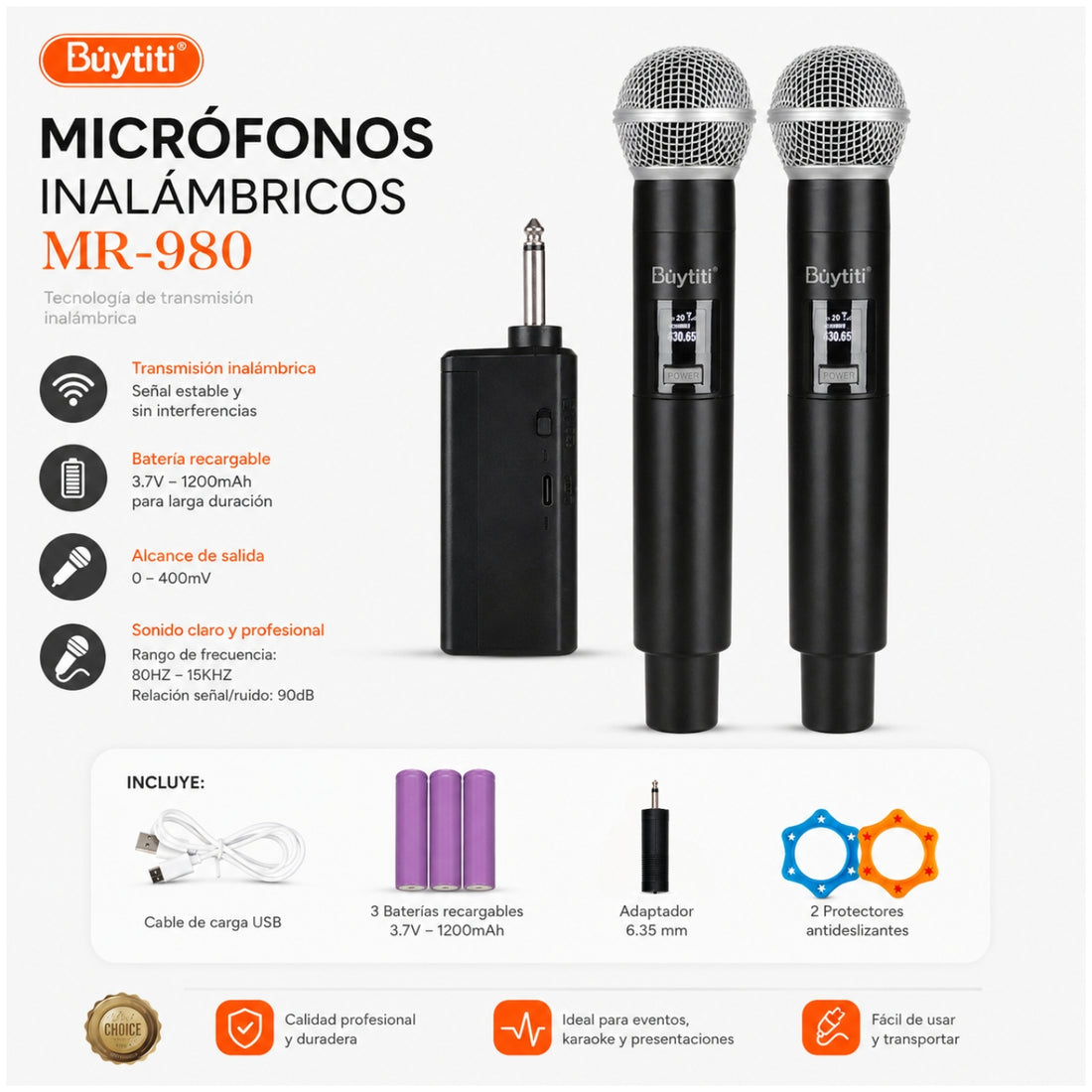 Pack x2 Micrófono Inalámbrico Doble Recargable UHF Buytiti MR-980 Karaoke