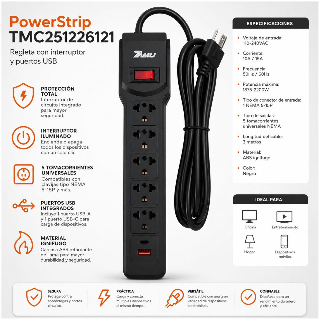 Supresor de Picos Extensión Eléctrica de 3 Metros 7 en 1 Tomacorrientes USB Tipo C