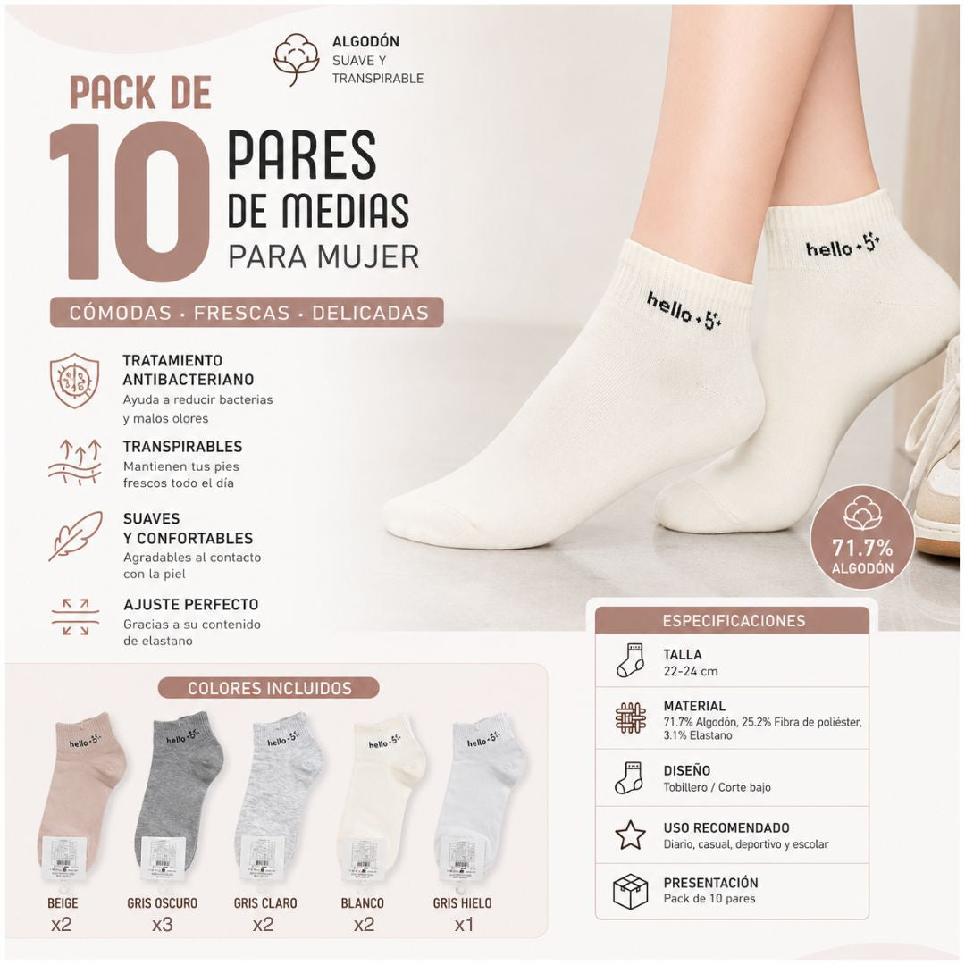 Pack x10 Pares de Medias Cortas Cotton Hello para Muijer Talla 22 a 24cm
