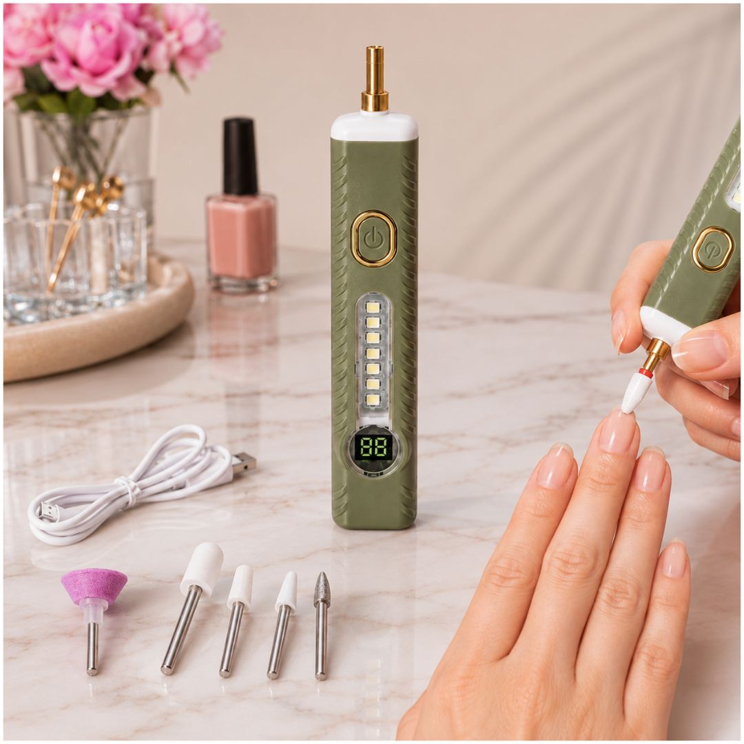 Pulidor de Uñas Eléctrico Profesional Recargable Pantalla Digital Luz LED USB-C + 5 Cabezales